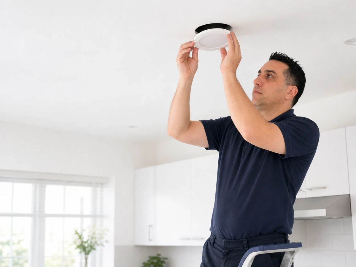 Ceiling downlight being fitted into a plasterboard ceiling by MX2 Electrical