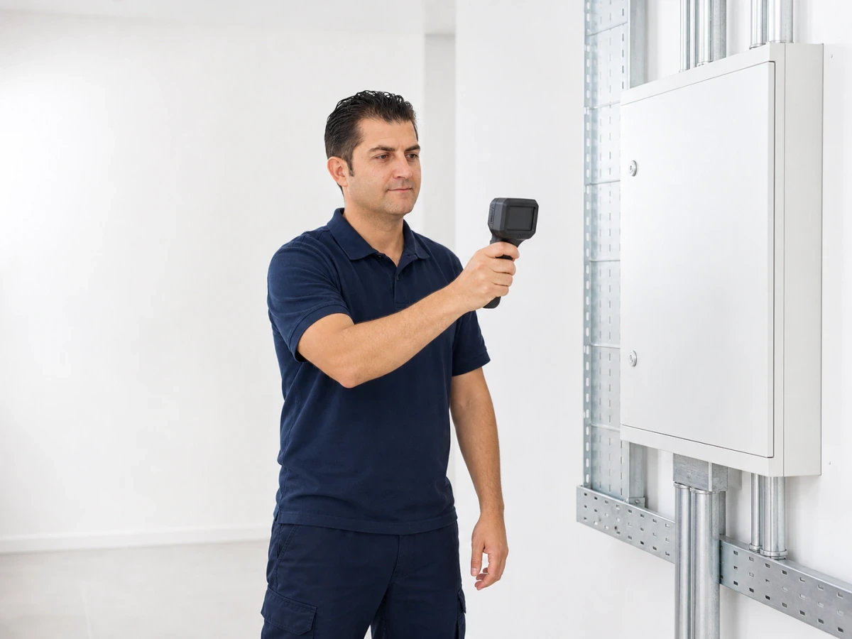 MX2 Electrical tradesperson checking a commercial distribution board with a thermal camera by MX2 Electrical