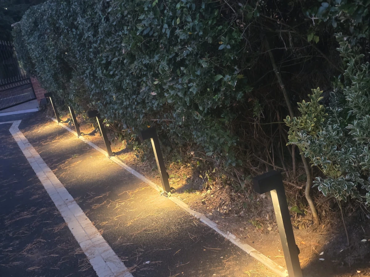 Outdoor bollard lights illuminating a driveway beside a hedge and entrance gate
