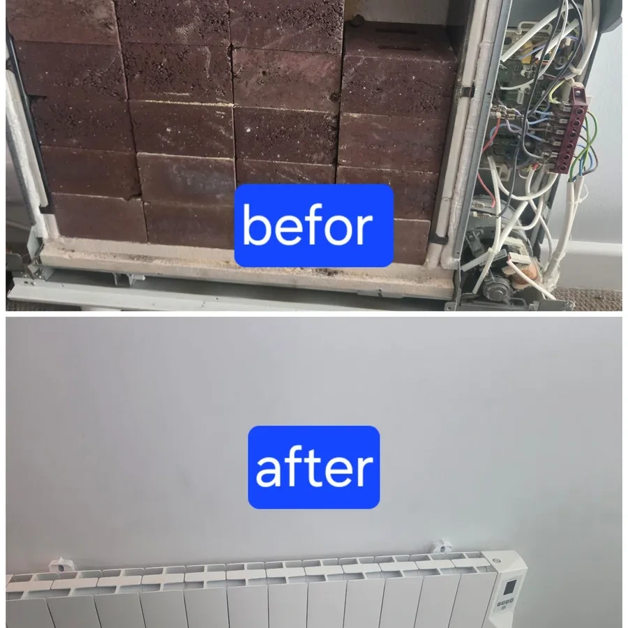 Failed storage heater taken out and an electric radiator fitted in its place