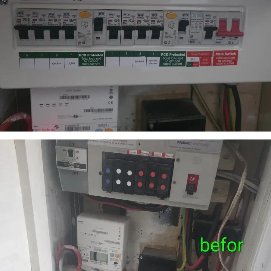 Consumer unit before and after: an old board rewired to RCD protected circuits