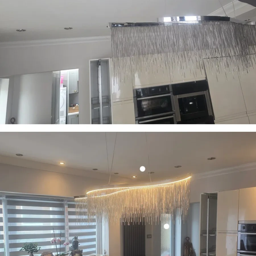 Waterfall chandelier hung over a kitchen island