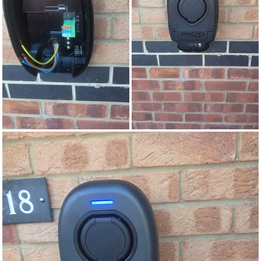 Sync EV charge point wired in and running on a house wall