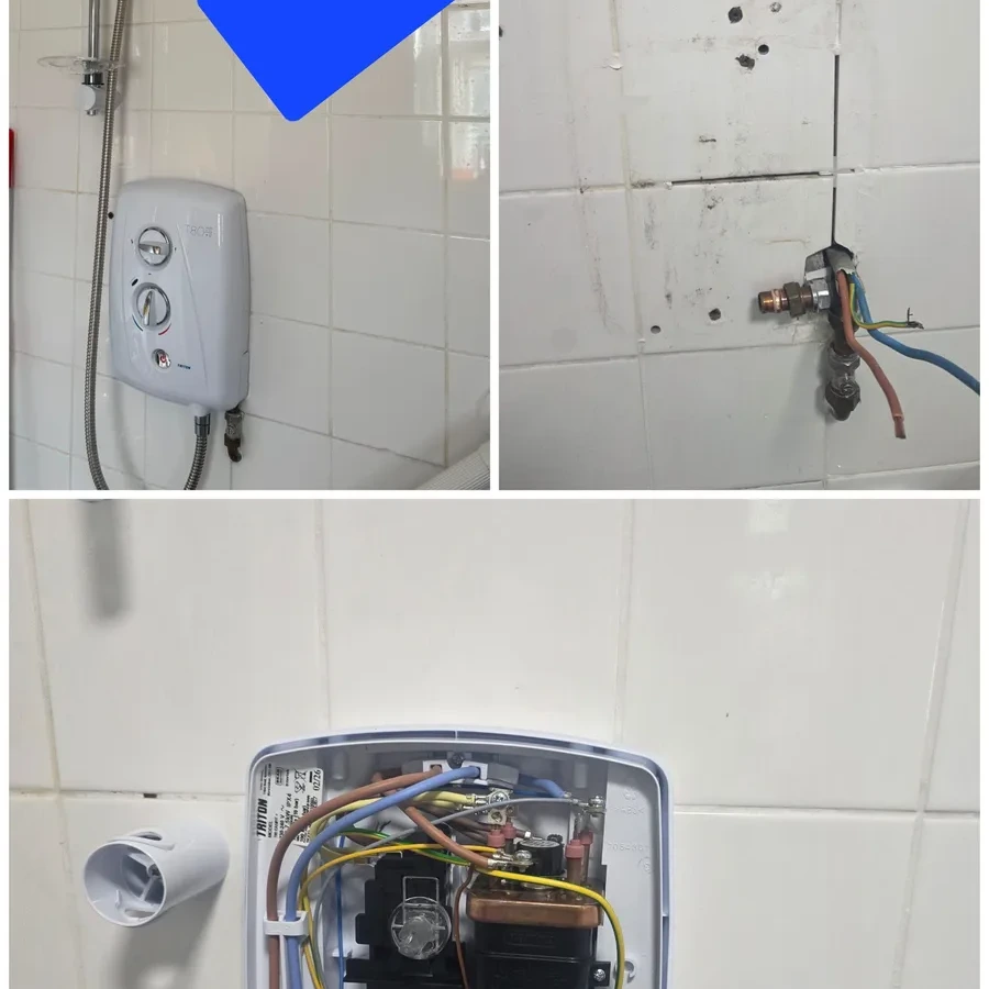 Electric shower replaced, with the supply and cable connections opened up