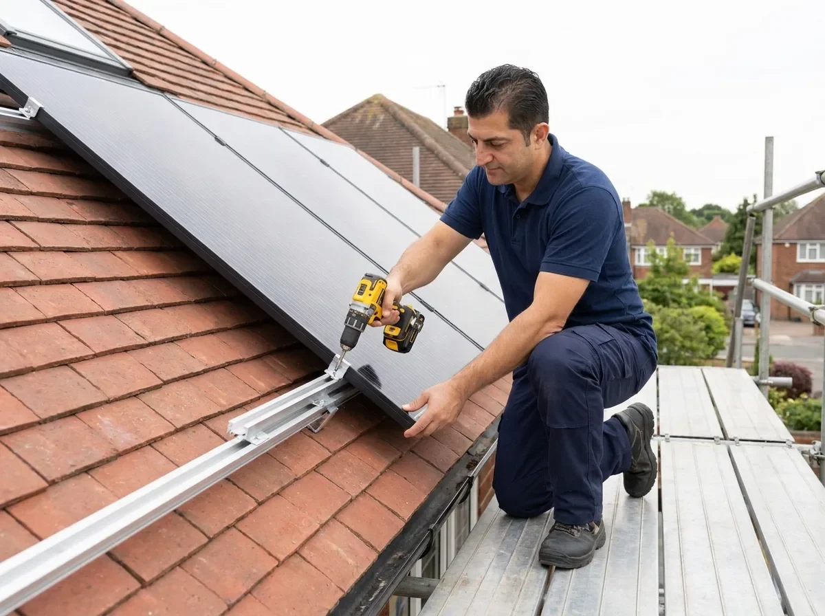 MX2 Electrical tradesperson fixing a solar panel to roof mounting rails from scaffolding by MX2 Electrical