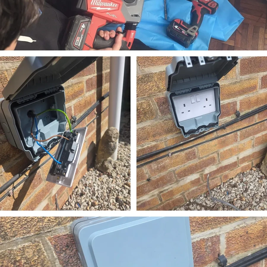 Outdoor double socket cored through the wall and fitted in a weatherproof enclosure