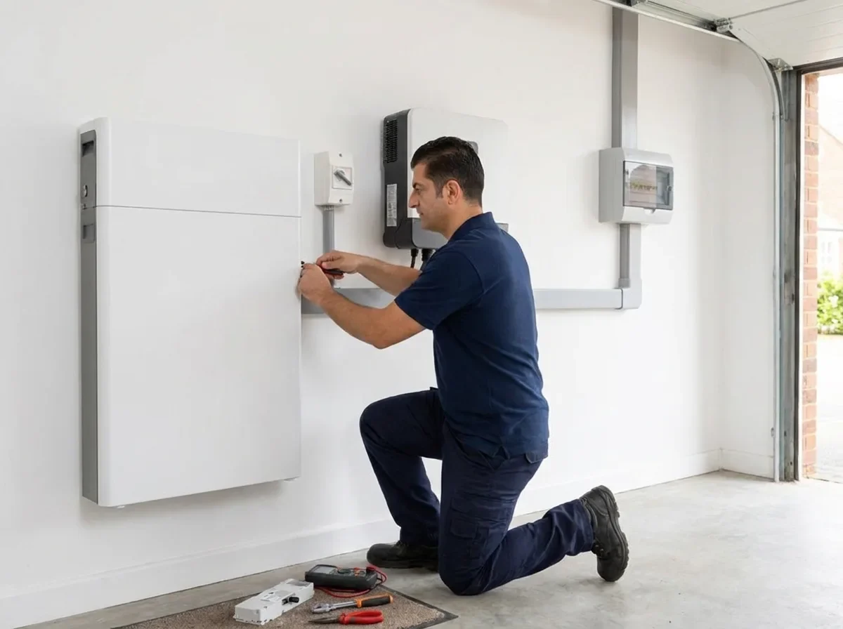 MX2 Electrical tradesperson securing a wall mounted home battery beside a hybrid inverter in a garage by MX2 Electrical