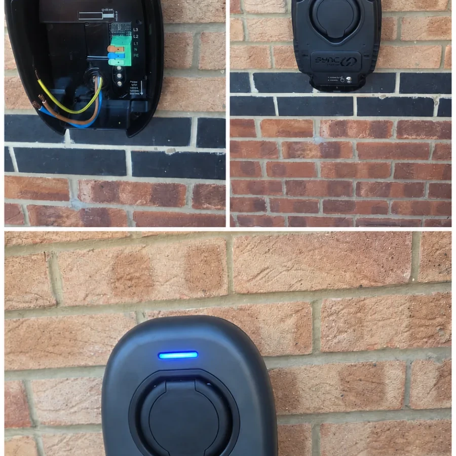 Sync Energy EV charge point wired, closed and commissioned on an exterior wall