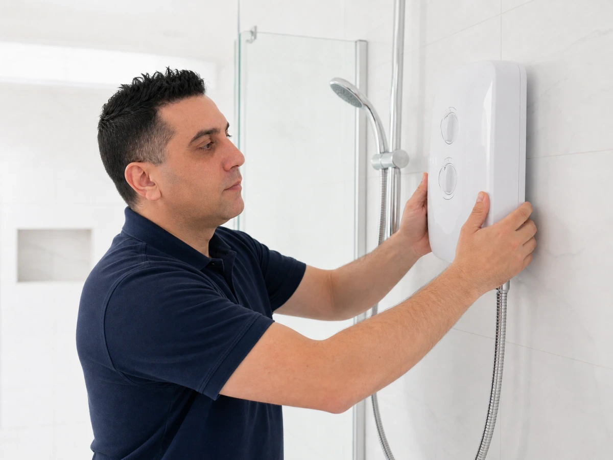 Electric shower unit being installed above a bath by MX2 Electrical
