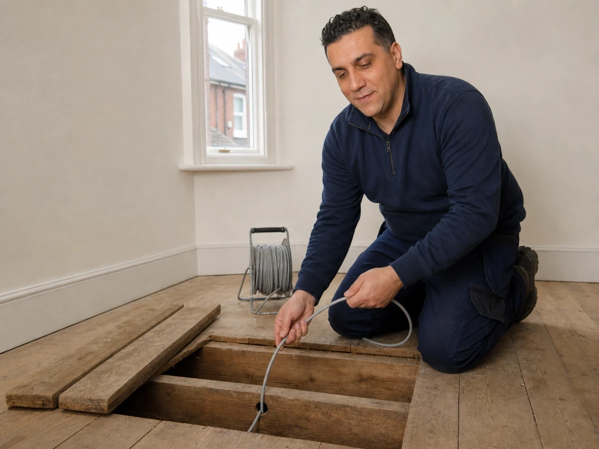 New cable routed through exposed floor joists during a rewire by MX2 Electrical