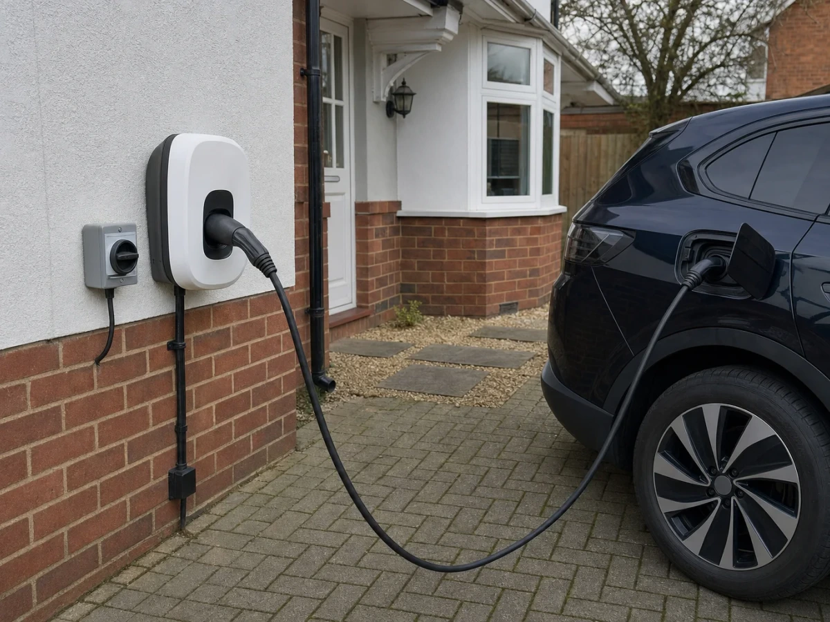 Wall-mounted EV charge point on a house, its cable connected to a car on the driveway by MX2 Electrical